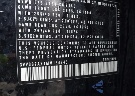 2021 Volkswagen Tiguan 2.0T Se/2.0T Se R-Line Black/2.0T Sel из США, поврежденный, VIN 3VV3B7AX1MM154846